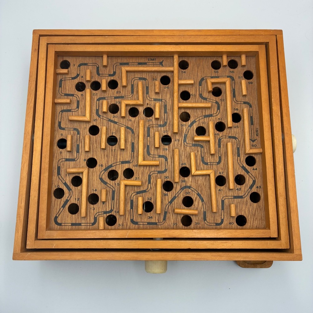 Vintage Wooden Labyrinth Balance Board Game Dual Knob Tilt Maze Puzzle